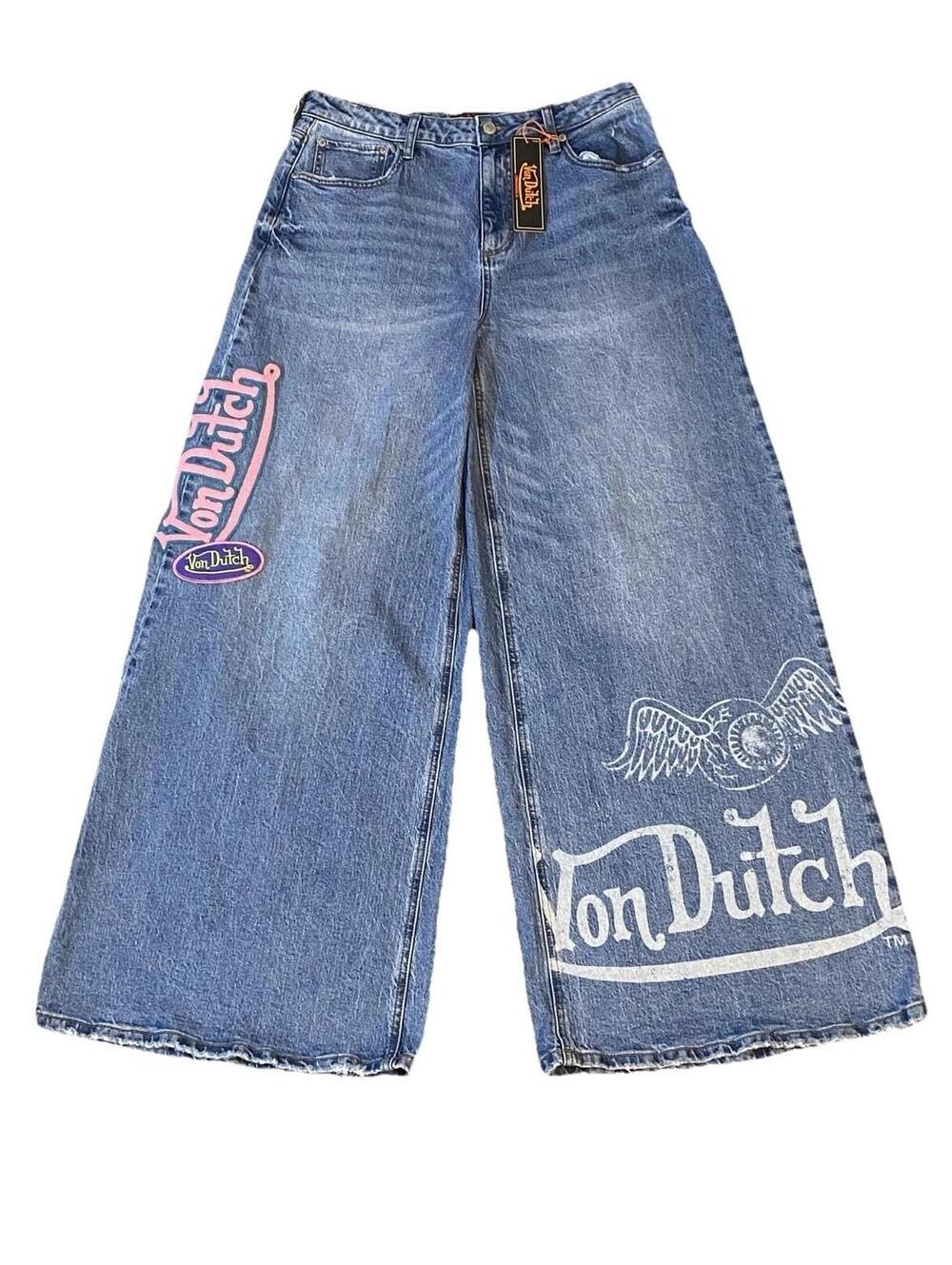 Von Dutch Women’s Size 27 Extra Wide Leg Flare Jeans Patch Logo Embroid Y2K NWT